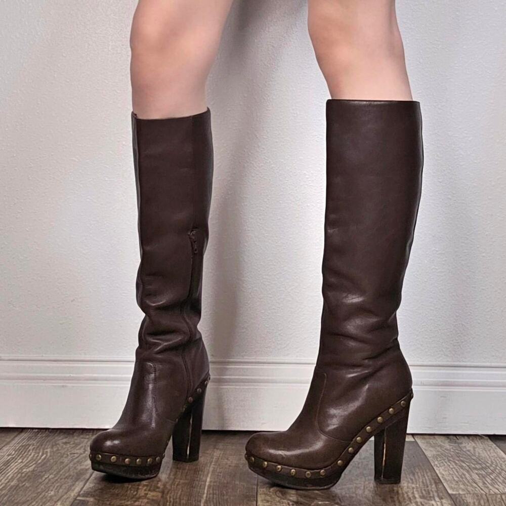 Brown Leather Knee High Platform Boots Studded Clog Heel EU 38 Boho Y2K - Picture 2 of 8